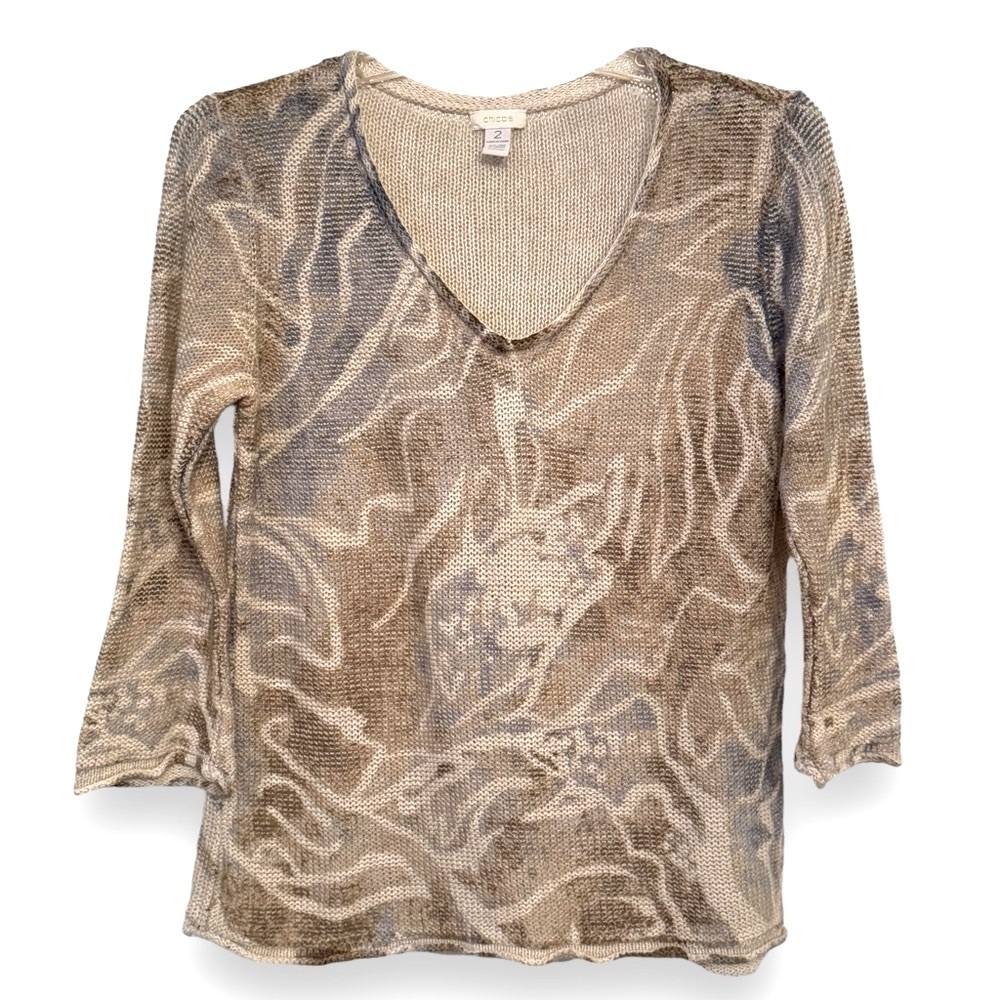 Chico's Women's Size 2 (US L) Linen Blend Scoop Neck 3/4 Sleeve Pullover Sweater